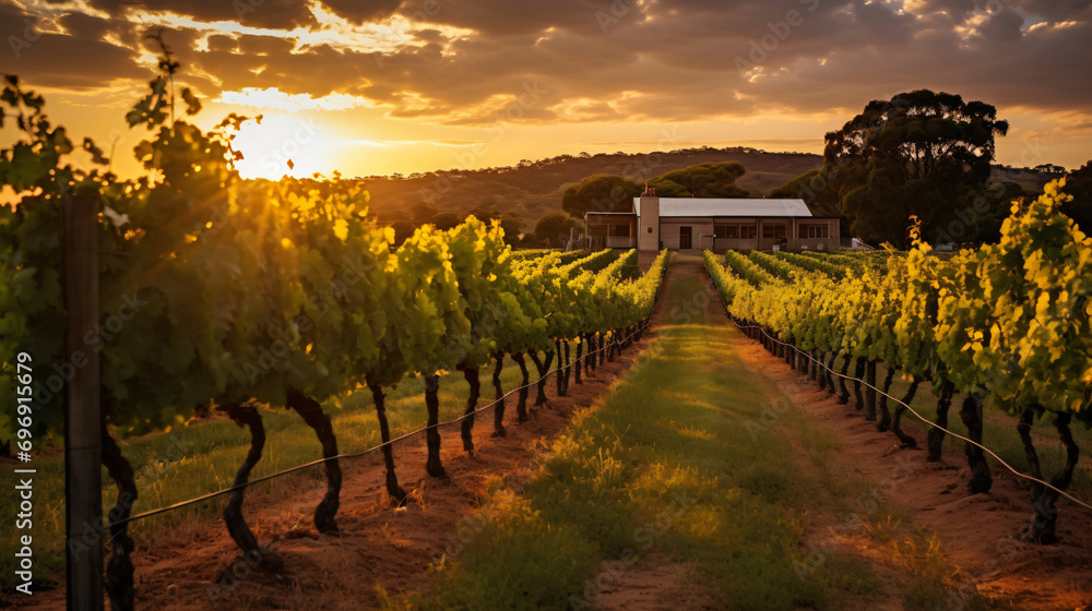 A picturesque summer vineyard at sunset.