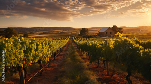 A picturesque summer vineyard at sunset.