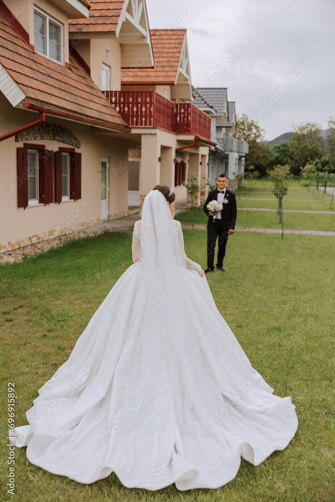 A beautiful young bride in a summer park is walking to her groom. Photo of the bride from behind. Beautiful wedding white dress. Walks in the park. A happy and loving couple. A beautiful young bride in a summer park is walking to her groom. Photo of the bride from behind. Beautiful wedding white dress. Walks in the park. A happy and loving couple.