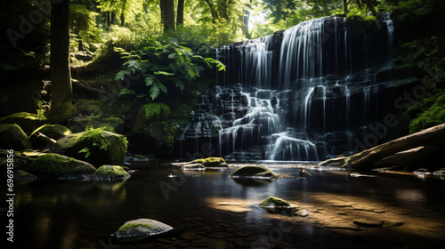 A refreshing summer waterfall in a forest.