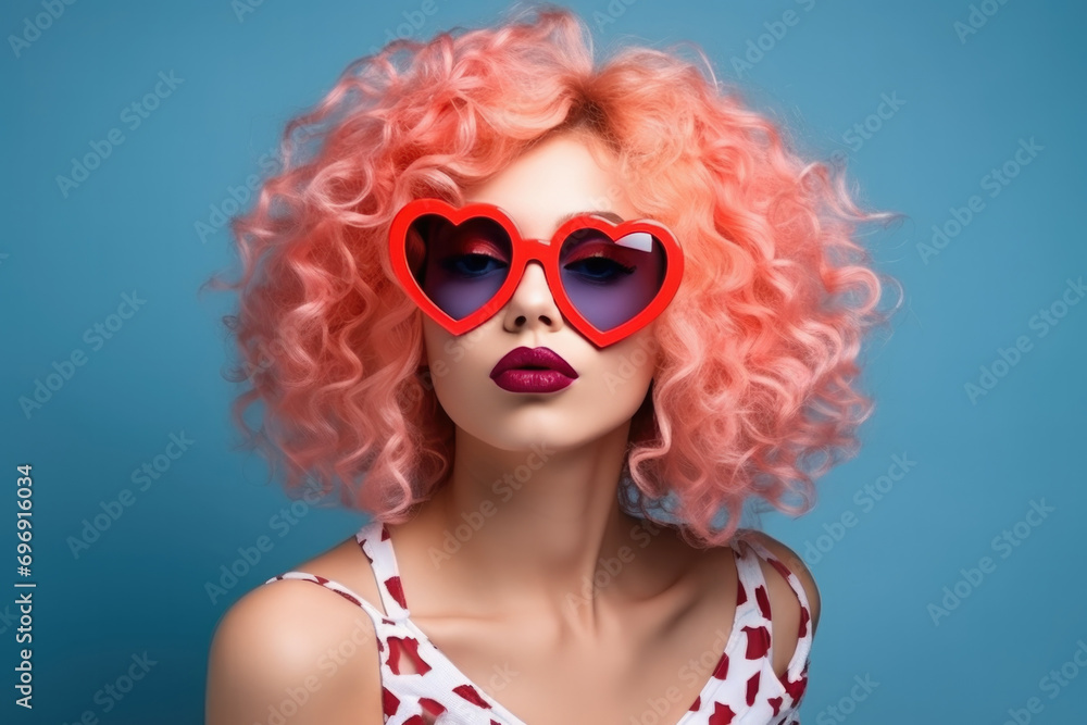 Beautiful portrait of an girl in sunglasses in the shape of hearts
