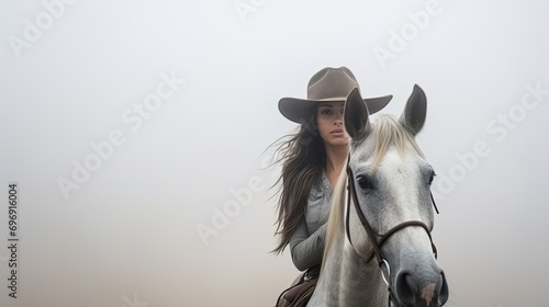 Cropped photo serious young woman riding a horse wearing a cowboy hat in the dust of the prairie. Female horse rider portrait.