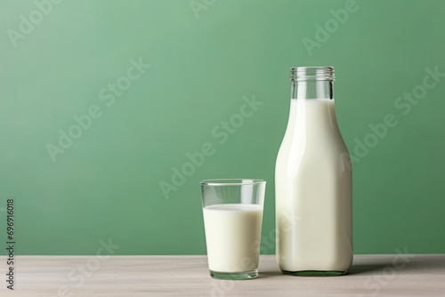Bottle and glass of milk on wooden table on light green background
