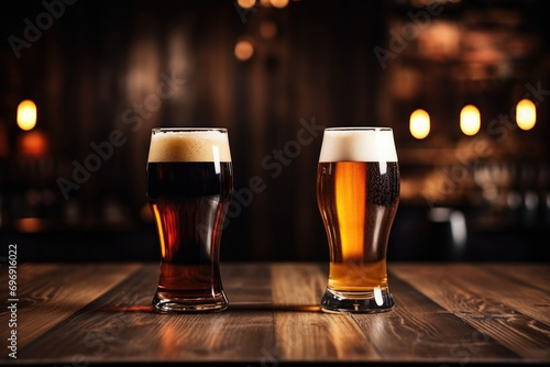Glasses of light and dark beer on a wooden table against the backdrop of a pub