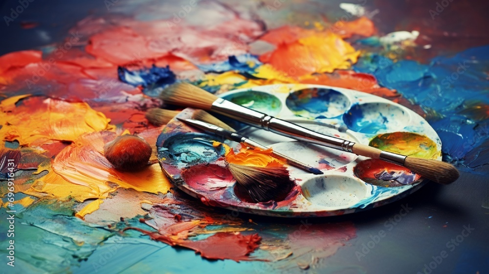 creative image, artist's palette with oil paints and brushes, closeup creative image, artist's palette with oil paints and brushes, closeup