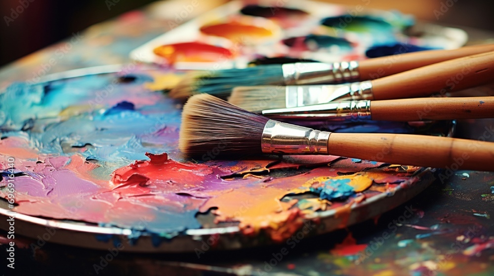 Fototapeta premium creative image, artist's palette with oil paints and brushes, closeup