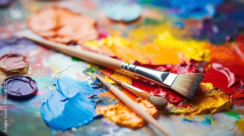creative image, artist's palette with oil paints and brushes, closeup