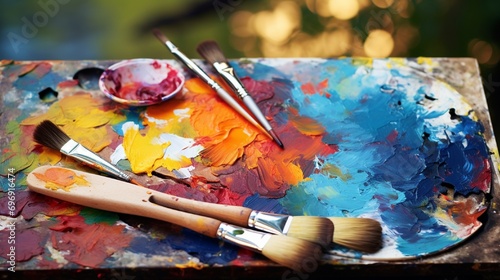 creative image, artist's palette with oil paints and brushes, closeup