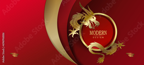 Chinese New Year design with round frame and dragon with mosaic.