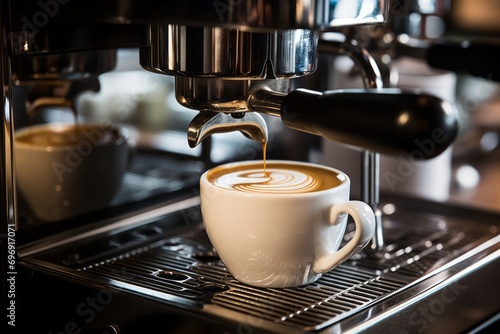 Aromatic Coffee Brewing. Close-Up of Professional Coffee Machine Pouring Fresh Coffee into White Mug