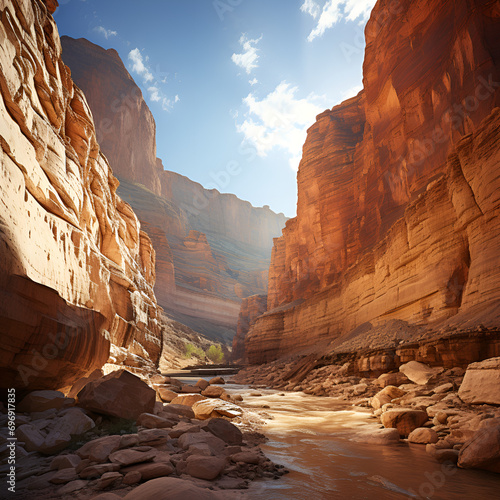 The vermilion and coral hues of the canyon walls, Crystal Canyon Dreams: 8K Hyper-Realistic Landscape, Spectacular Canyon with Layered Rock Formations, Generative AI, Wadi Numeira canyon in Jordan - s