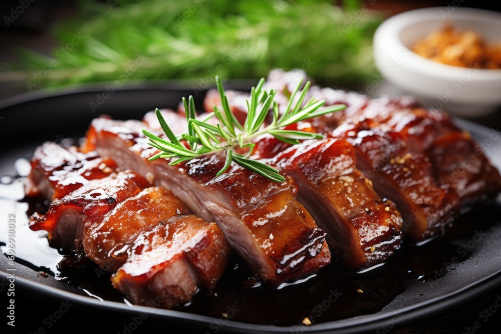 Close up of succulent and flavorful roasted barbecue pork ribs with perfectly sliced meat Close up of succulent and flavorful roasted barbecue pork ribs with perfectly sliced meat