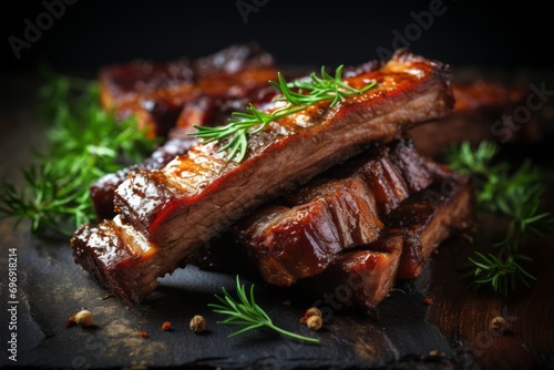 Close up of succulent roasted sliced barbecue pork ribs with tender and flavorful slices of meat photo