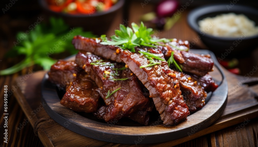Juicy and mouthwatering close up of tasty roasted sliced barbecue pork ribs with savory sliced meat