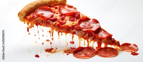 Delicious Italian tasty slice of pepperoni pizza isolated on white background.
