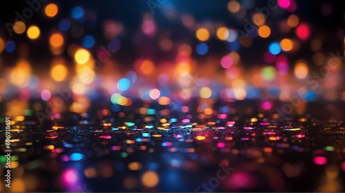 Multicolor bokeh, raining light, blurry lights, blurry background, rainbow confettis on a black background, colorful, night lights, city lights, haze, depth of field, round bokeh