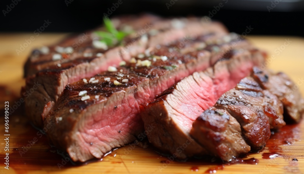 Close up of succulent, juicy ribeye steak slices with irresistible tenderness and rich flavor