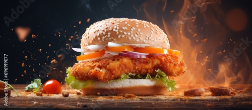 Chicken burger sandwich with flying ingredients and spices hot fast food menu restaurant photo
