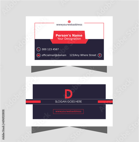 Business card design in red, white, dark color for modern, corporate brand, company, branding with presentation. Stylish visiting card layout for professional print use.