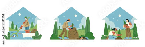 Set of illustrations themed around environmental care, focusing on the preservation of rivers, forests, and parks.