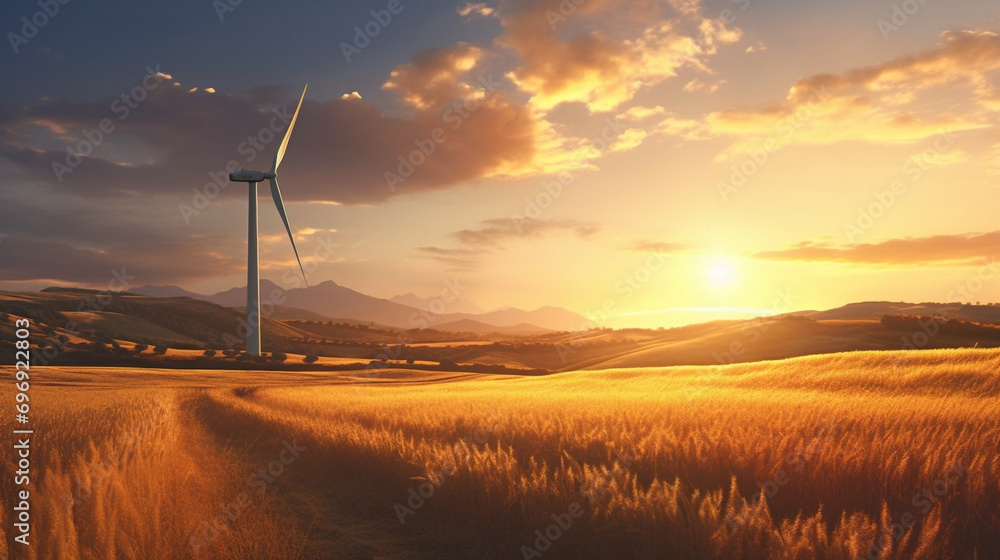 Obraz premium A wind generatots in the middle of wheat field in the sunset light.farm industry