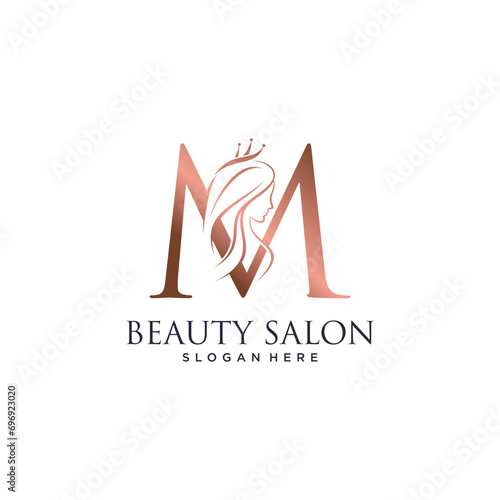 Woman beauty logo design vector illustration with letter m and crown icon
