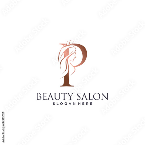 Woman beauty logo design vector illustration with letter p and crown icon