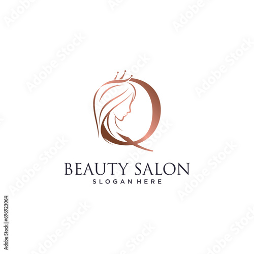 Woman beauty logo design vector illustration with letter q and crown icon