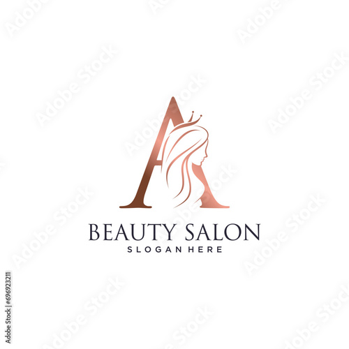 Woman beauty logo design vector illustration with letter a and crown icon