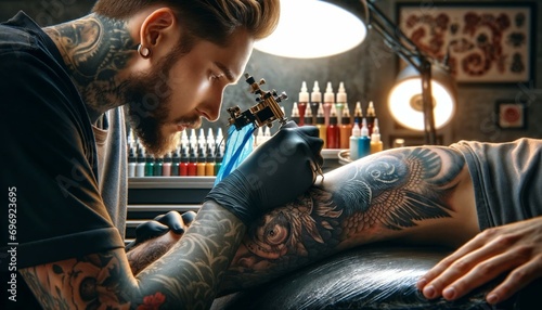 Photo capturing the process of a skilled tattoo artist creating a masterpiece on a client's skin, set in a professional tattoo studio. photo