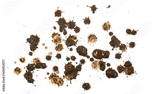 Foto Drops of mud sprayed isolated on white background, with clipping path