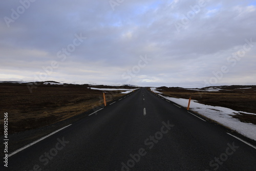 View on a road in in the north of island, in the region of Norĭurland eystra.
