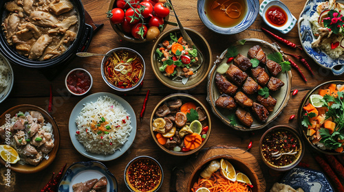 A flat lay of a Chinese New Year feast, including various dishes, Chinese New Year, Flat lay, top view, with copy space