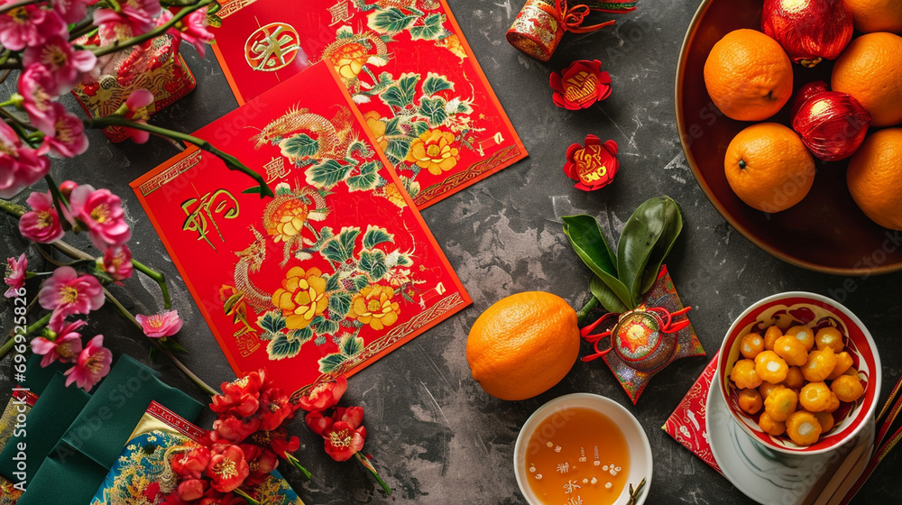 A background of colorful Chinese New Year greeting cards, Chinese New Year, Flat lay, top view, with copy space