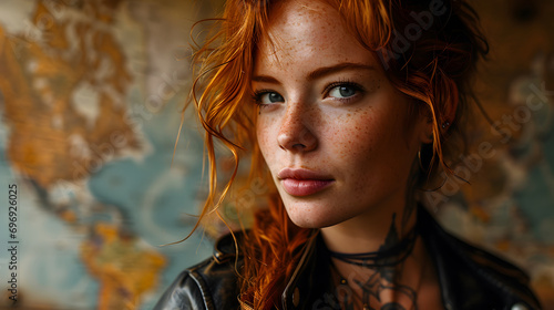 young redhead woman with green eyes with tattoos and a rocker look, ready to travel the world, in the background there is a map of the world, vacation concept, adventure, nomadic life