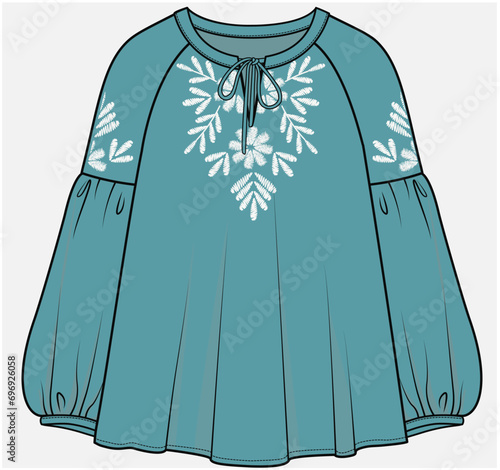 A LINE WOVEN TOP WITH LONG RAGLAN SLEEVES DETAIL BOHEMIAN TOP DESIGNED FOR TEEN AND KID GIRLS IN VECTOR ILLUSTRATION FILE
