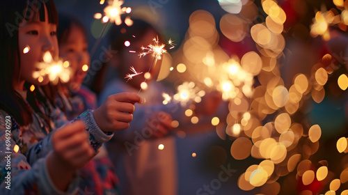 Children playing with sparklers during Chinese New Year celebrations, Chinese New Year, blurred background, with copy space