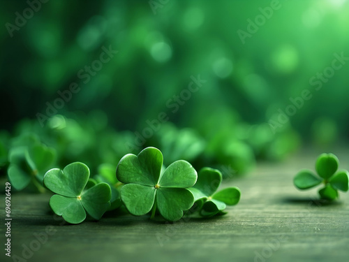 green background happy clover for st. patrick's day, blurred background with sparkles