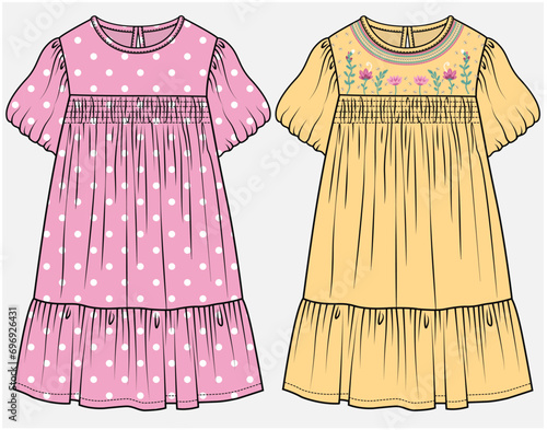 MUSHROOM SLEEVES DRESS WITH BIB CUT BODICE AND TIERED DETAIL DESIGNED FOR TEEN AND KID GIRLS IN VECTOR ILLUSTRATION FILE