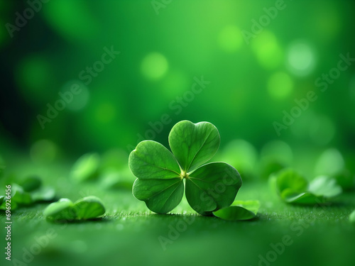 green background happy clover for st. patrick's day, blurred background with sparkles