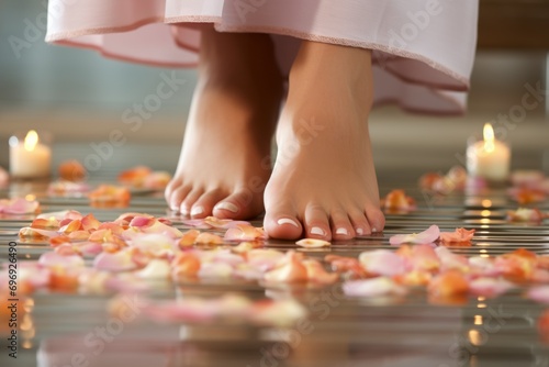 Spa aesthetics for feet close up in water with flower petals, surrounded by spa elements