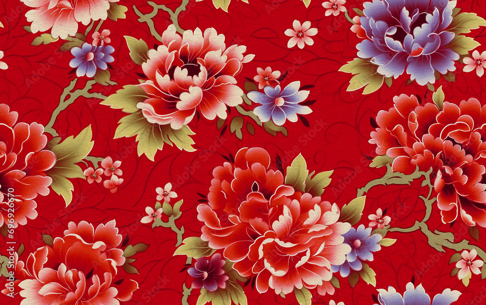 Chinese flower pattern on red watercolor paper Chinese flower pattern on red watercolor paper
