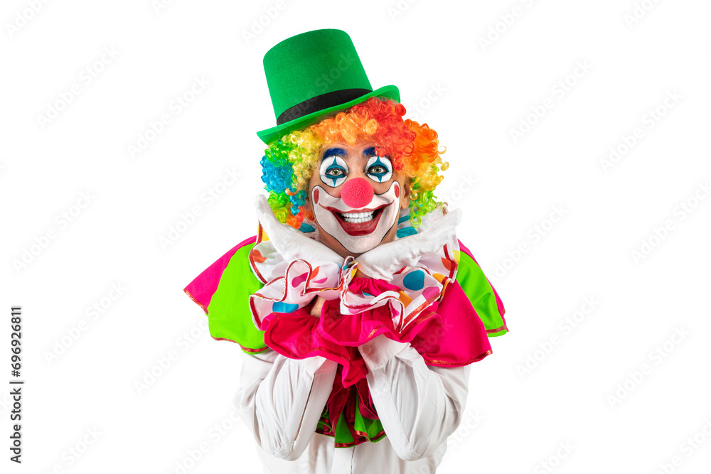 Funny clown. Entertainer Joker in colorful suit and wig. Buffoon with clown whiteface makeup. Trickster, jester, pantomime, mime. Professional actor at event, kids party, circus Funny clown. Entertainer Joker in colorful suit and wig. Buffoon with clown whiteface makeup. Trickster, jester, pantomime, mime. Professional actor at event, kids party, circus