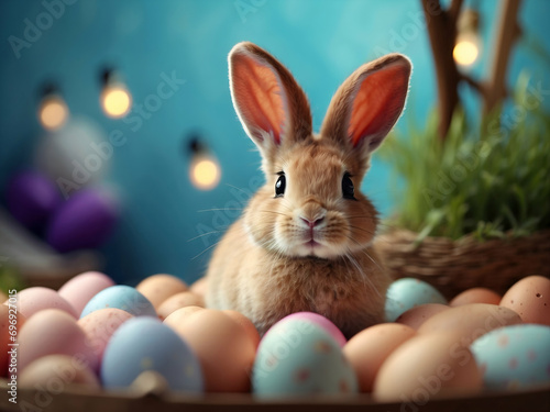 Easter bunny sitting on multi-colored Easter eggs, on the background of nature, for congratulations © Anna