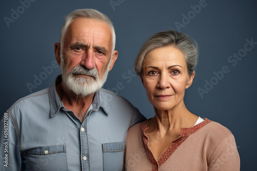 AI generated photography of happy charming mature married people isolated on grey background