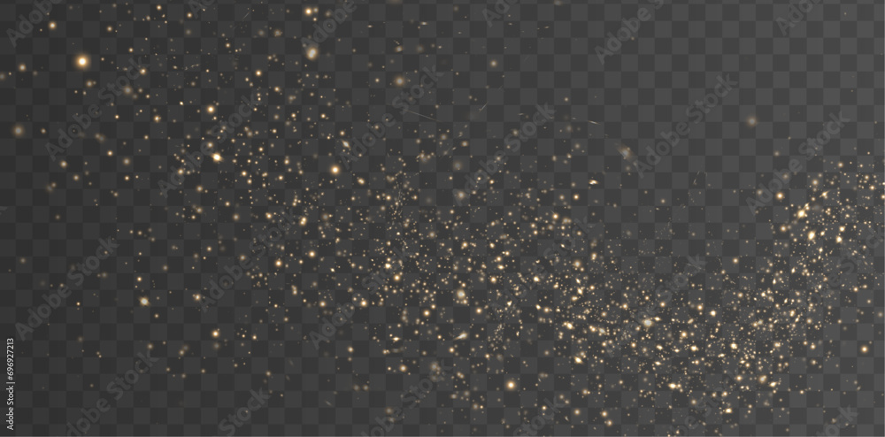 Glitter light background. Gold and white magic particles border. Christmas luxury banner. Golden dust. Glowing bokeh confetti. Flying bright stars. Neon garland lamp wave. Vector illustration
