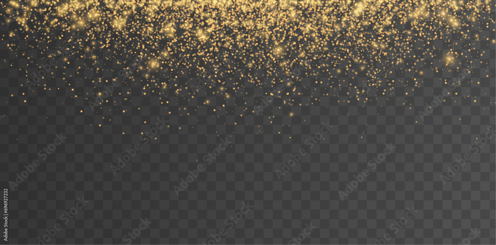Glitter golden light and stars border. Christmas Holiday glow particle. Magic star effect. Sparkle bokeh. Shine luxury background. Festive party design. Twinkle flash. Fairy bulb. Vector illustration - obrazy, fototapety, plakaty 