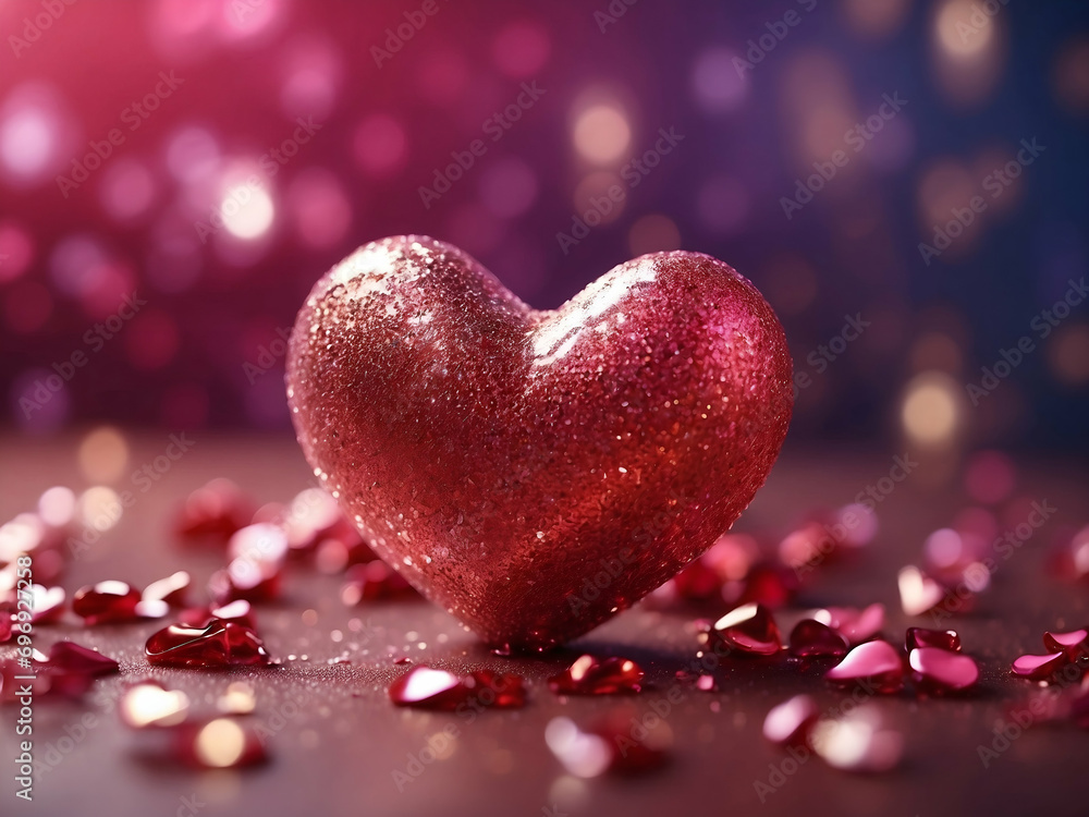 valentine's day background, glass red hearts, glitter, rose petals