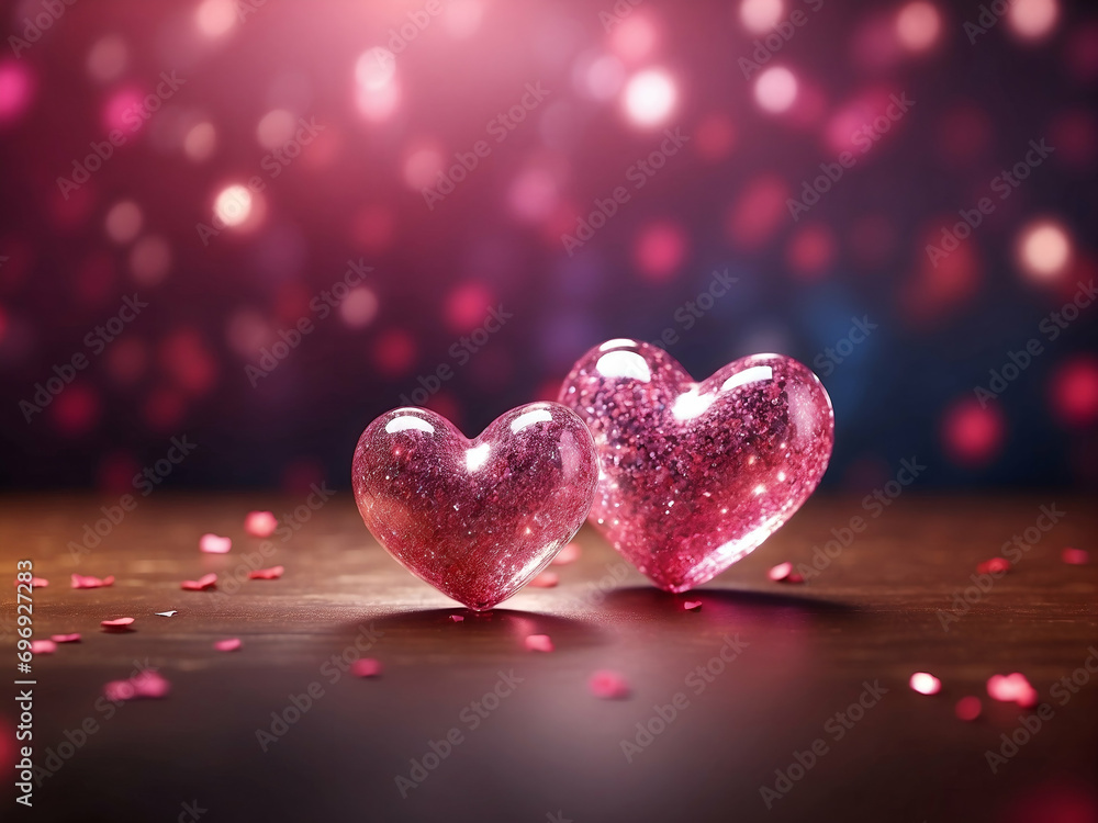 valentine's day background, glass red hearts, glitter, rose petals valentine's day background, glass red hearts, glitter, rose petals
