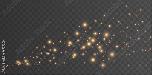 Glitter light background. Christmas luxury banner. Golden dust. Glowing bokeh confetti. Gold and white magic particles border. Flying bright stars. Neon garland lamp. Vector illustration